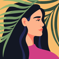 Side view portrait of young Caucasian woman stands in the shadow of green palm leaves. Concept unity nature and people. Vector illustration