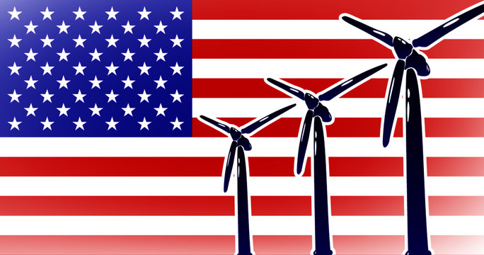 Wind alternative energy in USA vector illustration wind generator on flag background colored blue, red, white