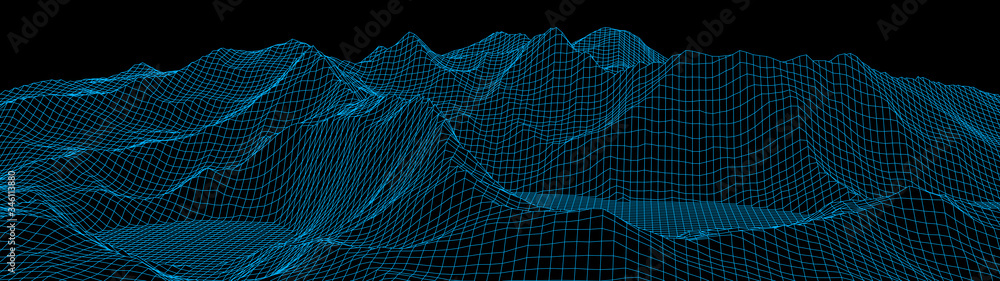 Poster vector wireframe 3d landscape. technology grid illustration. network of connected dots and lines. fu