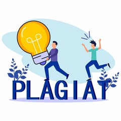 Vector illustration, stealing and plagiarizing ideas, thoughts, a man running away with a light bulb in his hand and being chased by the owner to catch him.