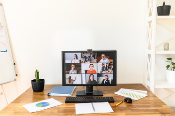 Online meeting, video call, video conference. App for video connection on pc in office, web shots...