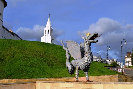 Sculpture dragon Zilant near the walls of the Kazan Kremlin. Republic of Tatarstan, Russia