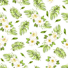 Fototapeta na wymiar Floral Background with Gardenia Bloom and palm Leaves. Seamless pattern with white garden flowers