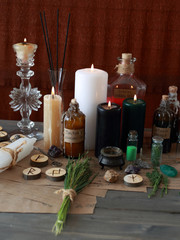 magic ritual with runes and pentagram and magical attributes