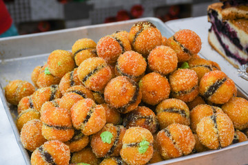 Various types or many colorful assortment of Turkish delights rolls for sale