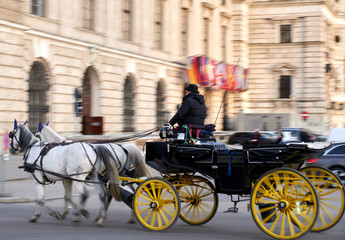 A horse-drawn carriage with yellow wheels tourist attraction in Vienna, Austria. Selective focus, Panning shot