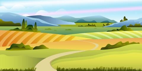Fototapeta na wymiar Summer rural landscape with mountains, hills, road, fields, bushes and trees. Farming panoramic view in flat style. Countryside nature background for advertisements, packages, wallpapers, etc