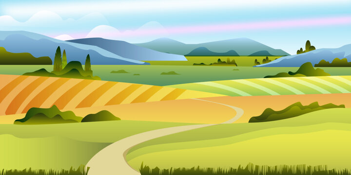 Summer rural landscape with mountains, hills, road, fields, bushes and trees. Farming panoramic view in flat style. Countryside nature background for advertisements, packages, wallpapers, etc