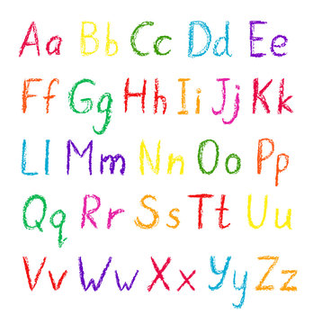 Vector alphabet set. Hand drawn wax crayons font on white background. Isolated chalk style  abc. Children drawling style color letters collection. Bright colorful childish symbols. Chalk styled type. 
