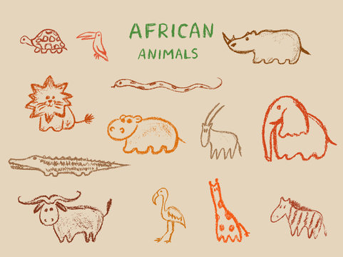 African animals set. Hand drawn wax crayons art animal icons collection. Children drawling style color elephant, hippo, buffalo,  giraffe,  lion, toucan, zebra,crocodile. Isolated chalk style icons.
