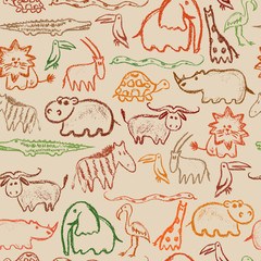 African animals crayon pattern. Children drawling style color animal. Hand drawn wax crayons art on white background. Isolated chalk style icons. Pastel sketch safari animal.Freehand wild animal print