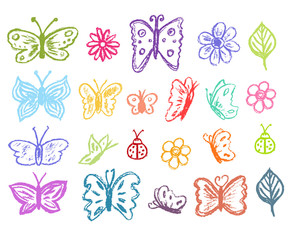 Butterfly collection. Children drawling style color butterflies set. Hand drawn wax crayons art on white background. Isolated chalk style icons. Butterfly, ladybug, ladybird, flowers, leaves,chamomile