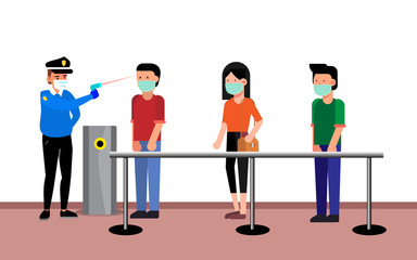 Temperature screening for covid 19 daisies. Security check the corona virus at office with temperature meter.  Thermal scanning for people and poster for awareness.