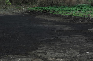 dry black bottom of a drained river