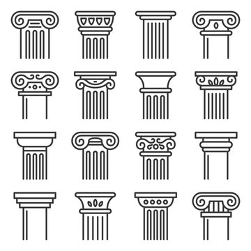 Ancient Columns Icon Set. Line Style Vector