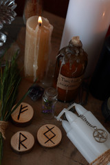magic ritual with runes and pentagram and magical attributes