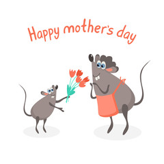 Happy mother's day. Greeting card with a little rat giving tulip flowers to its mom. Hand drawn lettering and illustration isolated on white background.