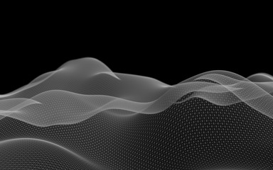Abstract gray landscape on a black background. Cyberspace grid. hi tech network. 3d technology illustration. Depth of field. 3D illustration