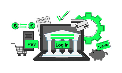 Online banking, technology without physical contact with people, banking icons ,  conceptual vector illustration.