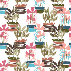 Modern seamless vector botanical colourful pattern with cartoon plants in pots in calm pastel colors. Can be used for backgrounds, dresses, shirts, cards, textiles, kids clothes and sheets. 