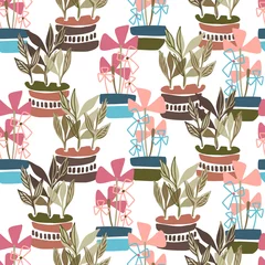 Wall murals Plants in pots Modern seamless vector botanical colourful pattern with cartoon plants in pots in calm pastel colors. Can be used for backgrounds, dresses, shirts, cards, textiles, kids clothes and sheets. 