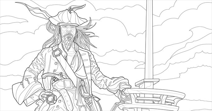 Pirate in the sea vector line art. Coloring page for adults. Outline style nature and people illustration. Stroke without fill. Black contour sketch isolated on white background.
