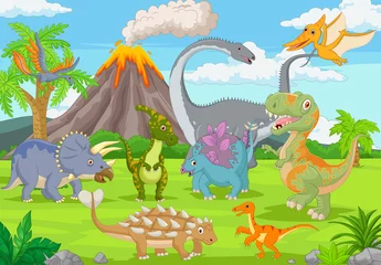 Schilderijen op glas Group of funny dinosaurs in the jungle © tigatelu