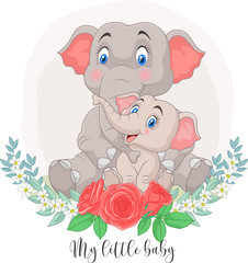 Cartoon Mother and baby elephant sitting with flowers background