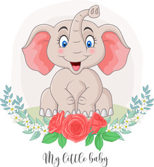 Cartoon cute elephant sitting with flowers background