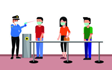 Temperature screening for covid 19 daisies. Security check the corona virus at office with temperature meter.  Thermal scanning for people and poster for awareness.