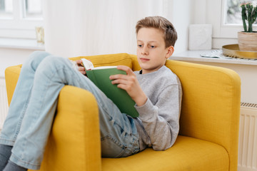 Young boy relaxing at home reading a book