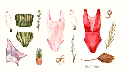 Watercolor summer boho set - hand painted fashion bijou, earring, swimwear, tropic palm leaves, silk scarf. Iillustration perfect for fabric textile, vintage paper or scrapbooking - 346118062