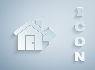 Paper cut Sale house icon isolated on grey background. Buy house concept. Home loan concept, rent, buying a property. Paper art style. Vector Illustration