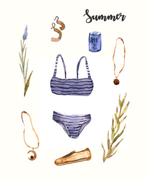 Watercolor summer boho set - hand painted fashion bijou, earring, necklace,swimwear, tropic palm leaves,lavender, espadrilles, drink. Iillustration perfect for fabric textile,  paper, scrapbooking