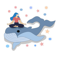 Poster with the image of a blue whale and girl in a yoga pose, for the design of postcards, prints on textiles, pillows, mugs, wrapping paper, for notebook covers