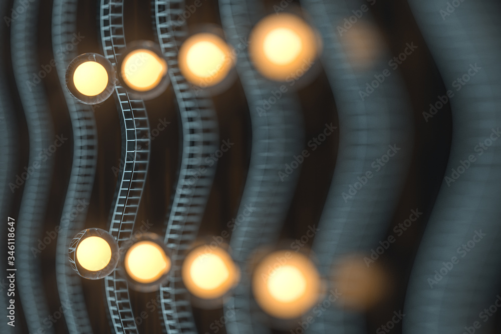 Poster glowing balls with abstract curve lines, 3d rendering.