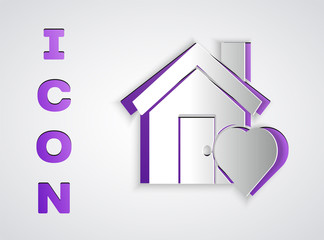 Paper cut House with heart shape icon isolated on grey background. Love home symbol. Family, real estate and realty. Paper art style. Vector Illustration