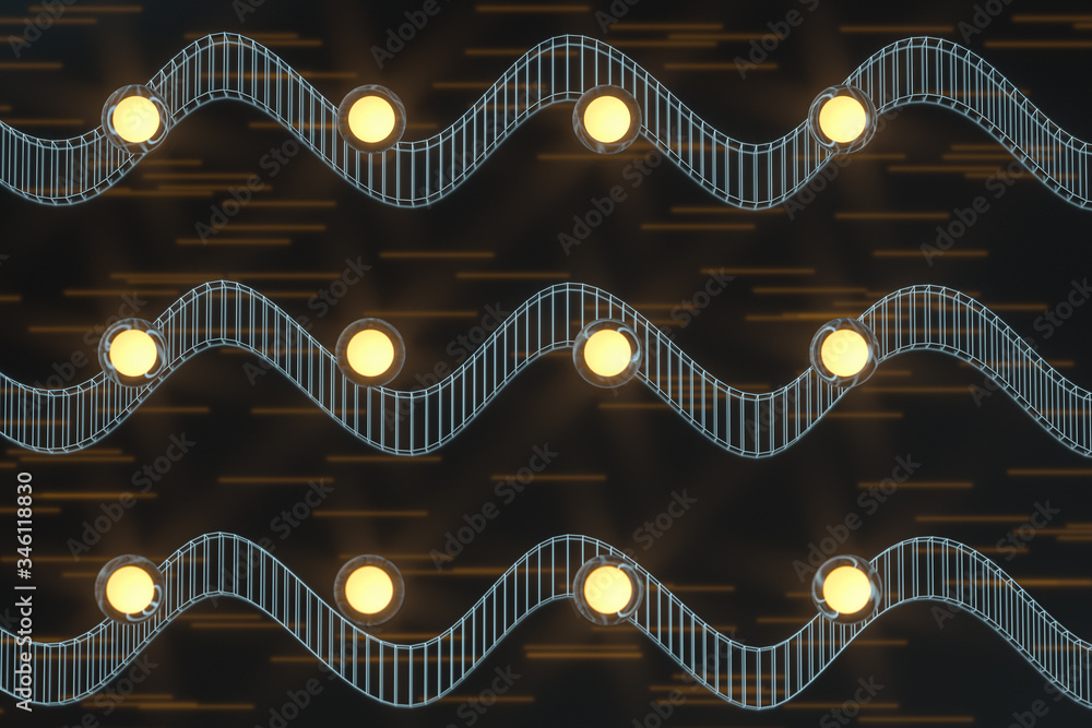 Poster glowing balls with abstract curve lines, 3d rendering.