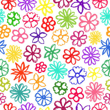 Flowers crayon pattern. Children drawling style color flower. Hand drawn wax crayons art on white background. Isolated chalk style icons.  Pastel sketch flowers, leaves.Freehand colorful flower print.