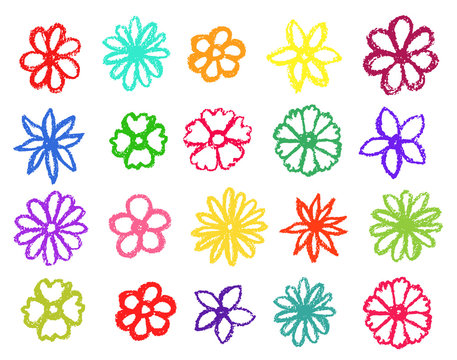 Flowers collection. Children drawling style color flower set. Hand drawn wax crayons art on white background. Isolated chalk style icons.  flowers, leaves. Freehand colorful flower clip art.