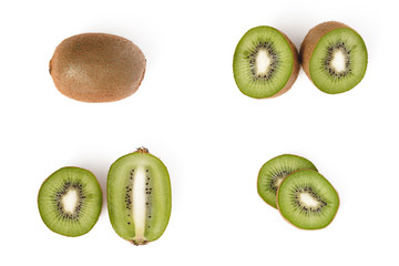 Collection of whole and sliced kiwi fruit isolated on a white background