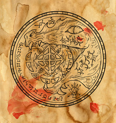 Mystic background with magic seal, pentacle and dragon holding coin on old paper texture