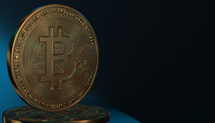 Bitcoins, new virtual money on various digital background, 3D render