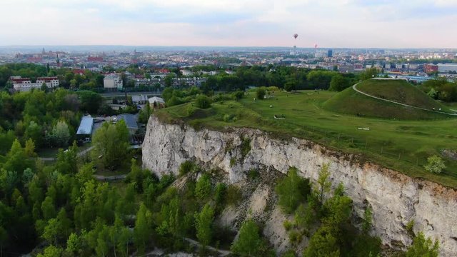 Liban quarry, Krakus Mound and aerial panorama of Cracow, Krakow, Poland, Polska