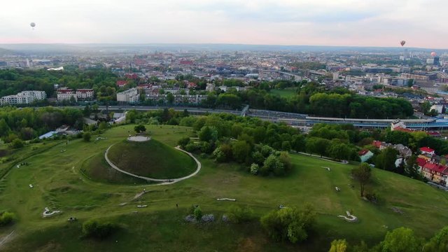 Krakus Mound (Kopiec Krakusa) and aerial panorama of Cracow, Krakow, Poland, Polska