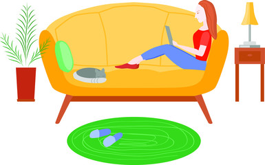 Girl or woman working at home, home office, interior.