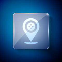 White Location tailor shop icon isolated on blue background. Square glass panels. Vector Illustration