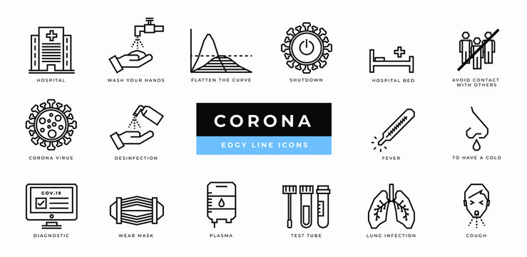 Corona virus icon set - minimal thin outline, web icon and symbol collection - infection, mask, shutdown, curve, desinfection, test. Simple edgy vector illustration.