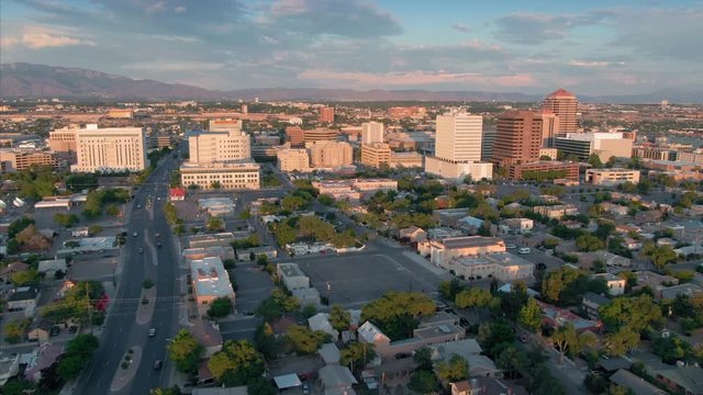 Albuquerque, New Mexico, USA. 1 September 2019. flying over the suburbs & downtown city CBD.