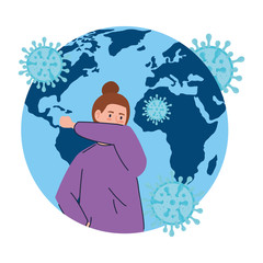 planet earth with covid19 particles and woman sick vector illustration design